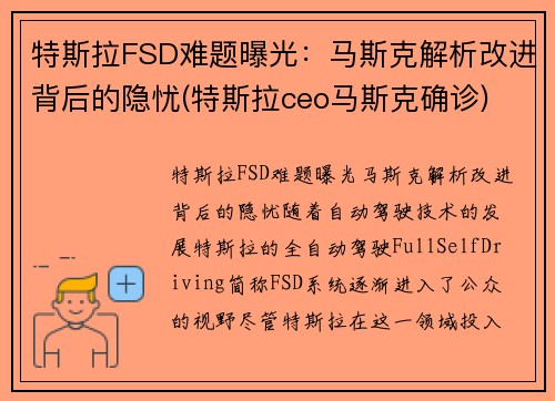 特斯拉FSD难题曝光：马斯克解析改进背后的隐忧(特斯拉ceo马斯克确诊)